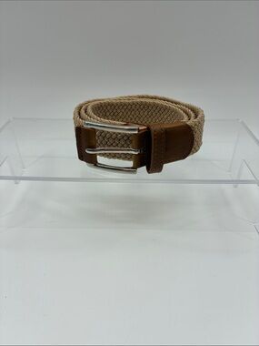 Classic Beige Braided Stretch Belt with Brown Leather Trim